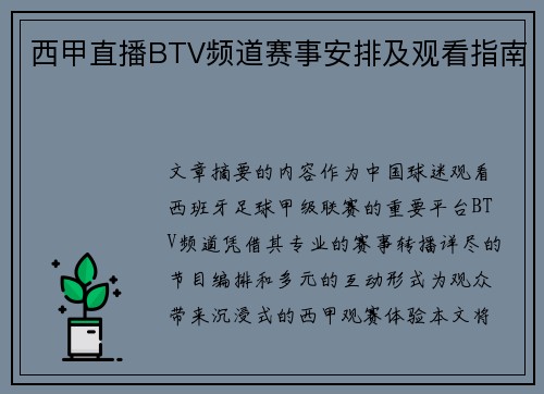 西甲直播BTV频道赛事安排及观看指南